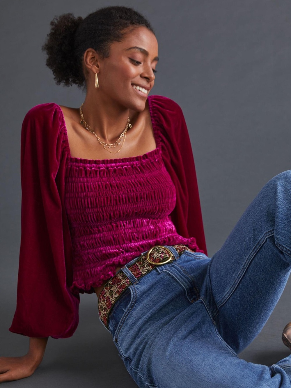 Anthropologie Smocked Velvet Puff Sleeve Peasant Top